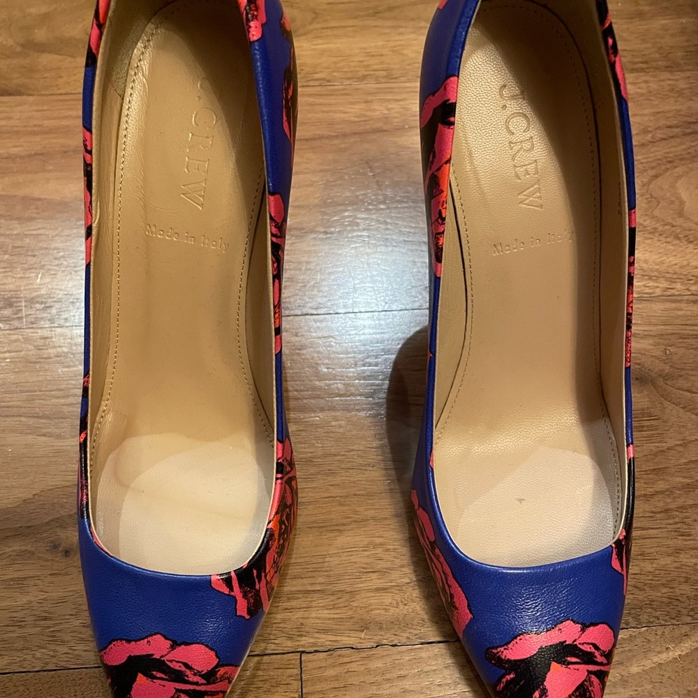 J. Crew Vibrant Blue and Pink Floral Heels (Made in Italy)